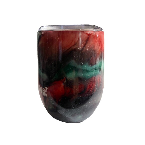 Stemless Wine Glass 12 Oz Red and Green Epoxy Tumbler HO HO HO IS IT HOT COCOA - Picture 5 of 5